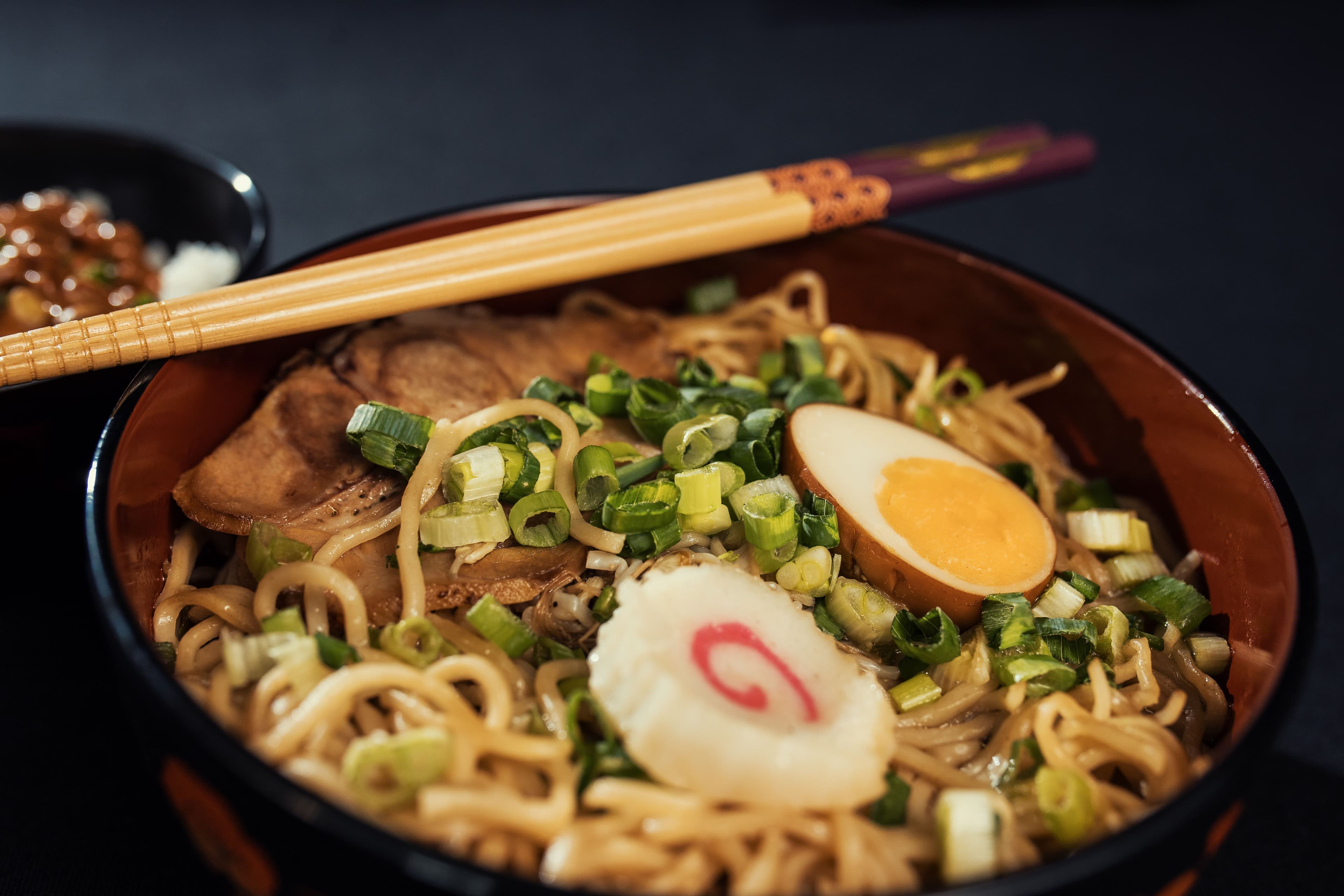 Ramen bowl with chashu, egg, and narutomaki